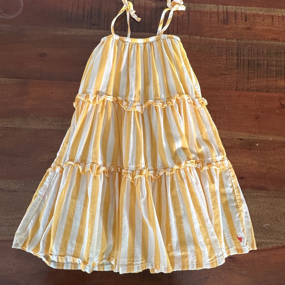 Pink Chicken Tiered Sundress Girls 4Y Yellow White Striped Ruffle Tie Strap - Picture 2 of 12